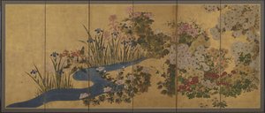 花と小川、スクリーン 作： Japanese School