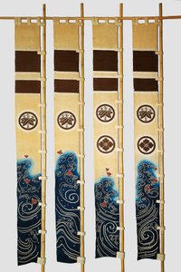 波千鳥、家紋、竹、丸に花、木綿、澱粉藍浸染、顔料墨彩、日本文明、明治大正期 作： 日本語学校