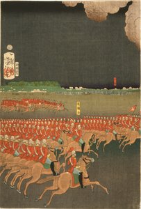 French and British troops engaged in military training manoeuvres, Yokohama, Japan. British cavalry exercise. Part of triptych by Taiso Yoshitoshi (1839-1892) Japanese Ukiyo-e artist. Horse   1463921   ja       japanese Successfully Translated  Original: I 作： Japanese School