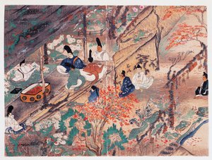 天神さんとして知られる平安の政治家で詩人の菅原道真 (845-903)、京都の北野天満宮に流刑中 時代（1185-1333）、日本 作： Japanese School