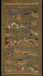 聖徳太子伝記、掛軸、鎌倉時代（1185〜1333）（絹に墨、色、金） 作： Japanese School