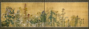日本美術：花をあしらった屏風。琳派（1596-1615）の様式。絹地に描かれています。寸法65x189 cm 個人蔵 作： Japanese School