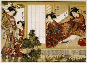書いたり読んだりする日本の女性たち。18世紀のプリント。 作： Japanese School