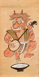 三味線を弾く悪魔を描いた掛物（巻物にインクと色）