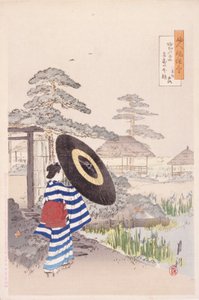 パラソルを持つ女性 (カラー木版画) 作： Japanese School
