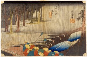 雨の中の風景。日本の版画です。19世紀