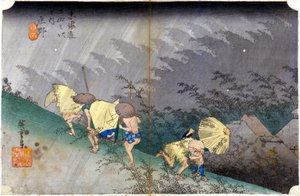 雨の中の風景。日本の版画です。19世紀 作： Japanese School