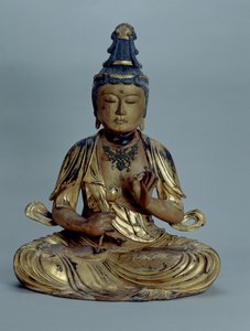 弥勒菩薩（木地に金箔、金藍、ブロンズ、ビーズ