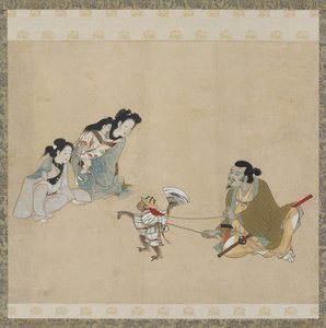 モンキートレーナーと猿が踊る、江戸時代（紙に墨、色、金） 作： Japanese School