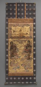 壁画です。二十五菩薩降臨図
二十五菩薩降臨図（阿弥陀三尊の従者） 18世紀
18世紀 三幅の掛軸 紙に墨、彩色、金箔、真鍮
紙に墨、色、金箔、真鍮) 作： Japanese School