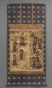 壁画です。二十五菩薩降臨図
二十五菩薩降臨図（阿弥陀三尊の従者） 18世紀
18世紀 三幅の掛軸 紙に墨、彩色、金箔、真鍮
紙に墨、色、金箔、真鍮) 作： Japanese School