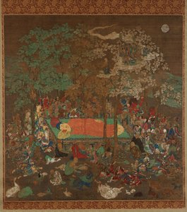 鎌倉時代の釈迦の涅槃（絹、墨、色、金、銀） 作： Japanese School