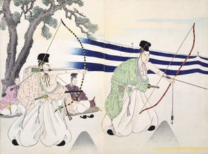 貴族のアーチェリーの練習（詳細は255314を参照）、19世紀、木版画のアルバム、カラーウッドブロックプリント 作： Japanese School