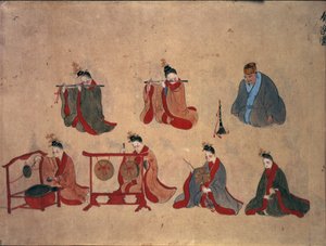 Or.961 fol.5 琉球の音楽演奏からの7人の着席ミュージシャン、1800〜50年頃（紙にペンとインク、水彩） 作： Japanese School
