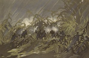 Jalkaväesotilamme taistelevat hirssipellolla lähellä Liao-yangia (chromolitho) 作： Japanese School