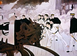 9月の鴨緑江の戦いで活躍する日本海軍の砲手の絵 作： Japanese School