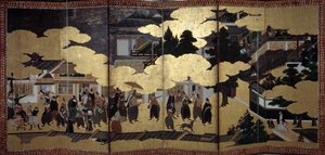 「ポルトガル図屏風：16世紀にポルトガル人イエズス会の宣教師が日本にやってきたことを表現したもの。狩野派(?)によって実現された。1593-1600.リスボン古代美術博物館 作： Japanese School