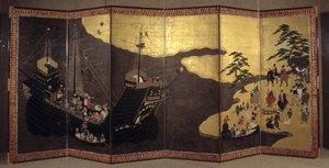 16世紀にイエズス会のポルトガル人宣教師が日本にやってきたことを表す「ポルトガル」の屏風。1590-1614.狩野派（？）リスボン国立古代美術博物館 作： Japanese School