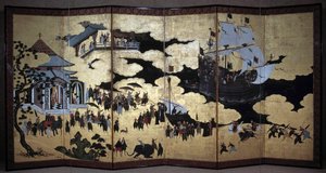 16世紀にポルトガルのイエズス会宣教師が日本にやってきたことを表す「ポルトガル」の屏風。1590-1614.狩野派（？）リスボン国立古代美術博物館 作： Japanese School