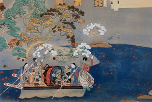 赤染衛門（956-1041頃）の「栄華物語」の挿絵である手漕ぎボート。日本 作： Japanese School