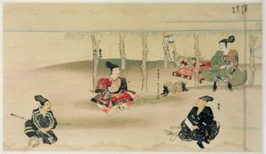 1274年のモンゴル人の日本侵攻の際、武崎武士がモンゴル人2人の侵略者の首を足立森沼に届ける。 作： Japanese School