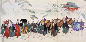 3月の武士、19世紀の木版画アルバム、手彩色木版画 作： Japanese School