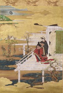 源氏物語の風景（紙にインク色と金箔）