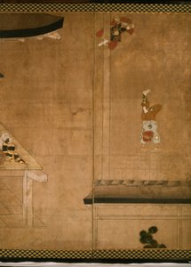 裕福な家庭の前で演じる曲芸師を描いた六曲屏風 作： Japanese School