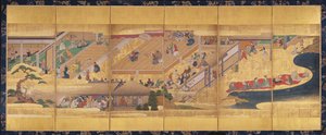 能楽船弁慶の六曲屏風、1660年頃（紙に色、胡粉、墨、金）