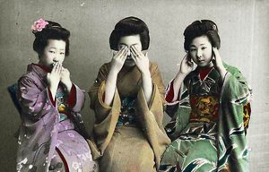 悪を話す、悪を見る、悪を聞く、c1880（手彩色の卵白写真） 作： Japanese School