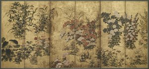夏と秋の花、江戸時代、1615-68（金の紙に色） 作： Japanese School