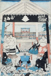 試合を始めようとしている相撲取り（木版画） 作： Japanese School
