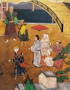 日本のポルトガル人の到着、南蛮屏風のスクリーンからのストリートシーンの詳細、1594-1618 作： Japanese School