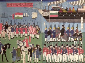 1853年にペリー提督中隊が日本港に到着（カラー木版画） 作： Japanese School
