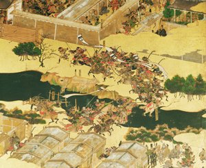 駒山時代（1568〜1600年）のスクリーンからの法源の戦い（ペンとインク、パネルに描かれた色と金）（詳細）