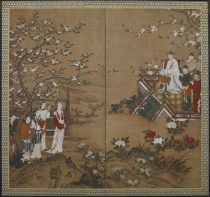 中国の皇帝明黄と彼の側室であるヤン・クエイフェイが花を咲かせるように演奏し歌った、江戸時代（紙に色と金） 作： Japanese School