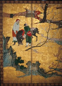 シャン山の四賢人の法廷訪問; Su Shis風と水の洞窟への訪問、2つの6パネルの屏風からの詳細、桃山時代（紙と紙と金） 作： Japanese School