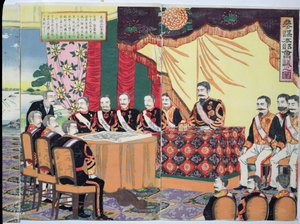 むつひと天皇（1852-1912）19世紀後半の日清戦争のエピソードである戦争評議会を開催（色版画）（176841も参照）