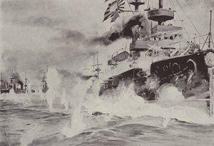 8月10日、旅順港沖でロシア戦隊と勇敢に戦うミカサ (litho) 作： Japanese School