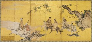 竹林の七賢、カン？学校（紙にインク、色、金、金箔） 作： Japanese School