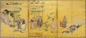 竹林の七賢、カン？学校（紙にインク、色、金、金箔）
