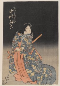 剣を持つ演劇的な男性キャラクター（カラー木版画） 作： Japanese School