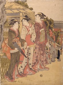 市場の三人の美女 (カラー木版画) 作： Japanese School