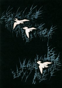 黒い風景の中の三羽の鶴