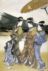 三人の女性と子供、日本の版画 作： Japanese School