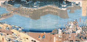 1603年から1868年、江戸時代、国後川によって築かれた砦を示すトリプティク。 作： Japanese School