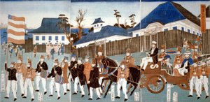 星条旗を持った男と軍楽隊が先導する馬車に乗った外国人のパレード、横浜を示すトリプティク、1861年。 歌川吉川（1850～1870年活動） 日本の浮世絵師。 作： Japanese School