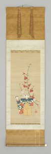 二人の日本人形と一輪の花
枝 18世紀後半 絹本著色 作： Japanese School