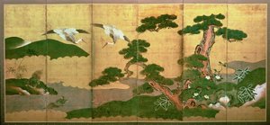 松とロックウッドの後ろに潜る2羽の鶴、江戸時代 作： Japanese School