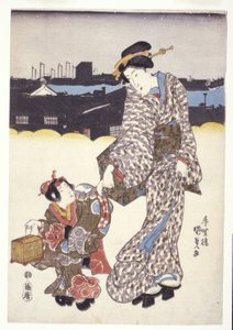 無題 (女と子供) (カラー木版画) 作： Japanese School